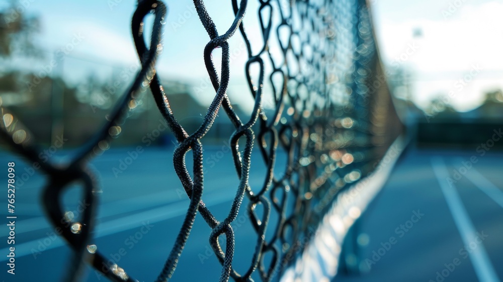 Poster a closeup view of a tennis courts net partially obstructed by the blurred movement of a player swing