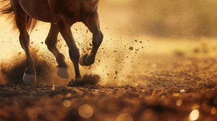 Fotobehang A close-up of a horse's powerful muscles as it gallops through a field, kicking up dust © Image Studio