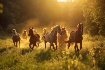 Foto op Plexiglas A group of horses frolicking playfully in a sunlit meadow, tails swishing with excitement © Image Studio