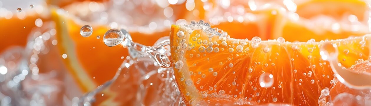 Werbeaufnahme Orange, Orangenscheiben mit spritzendem Wasser, Konzept Werbung von gesundem Obst