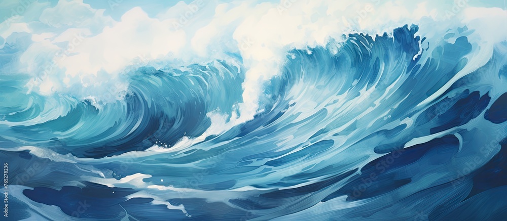 Poster capture of a vast ocean wave with deep blue water as it breaks forcefully, creating a dramatic scene