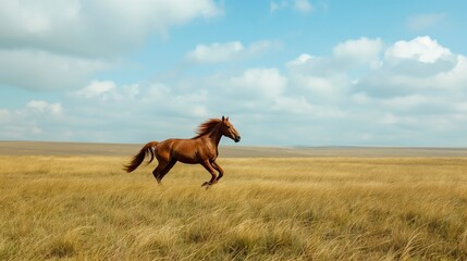 A majestic horse galloping freely across a vast open field, mane and tail flowing in the wind - obrazy, fototapety, plakaty
