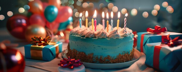 A birthday cake with candles on it is surrounded by presents