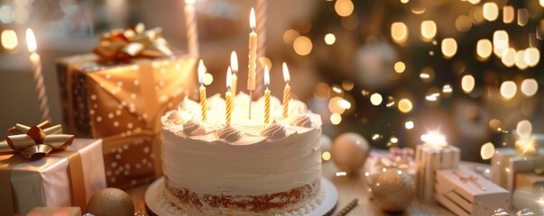 A birthday cake with candles on it is surrounded by presents - obrazy, fototapety, plakaty