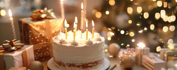 Fotobehang A birthday cake with candles on it is surrounded by presents © Exnoi