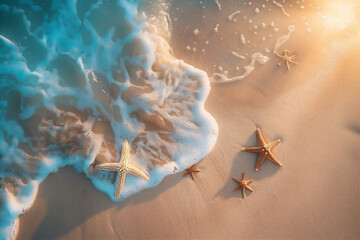 Beach in summer with golden sand, blue sea and starfish