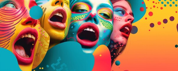 A colorful poster of women with painted faces and mouths open