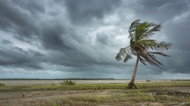 A lone palm tree stands bent and battered against a backdrop of stormy grey skies a symbol of resilience amidst the chaos of a cyclone.