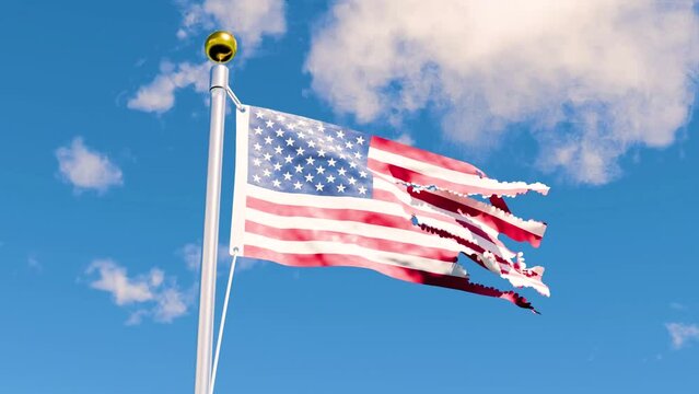 Tattered American Flag Blowing in Wind 3D Animation 