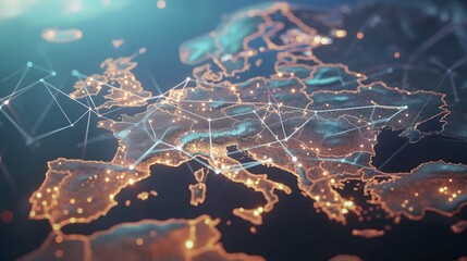 Digitales Netzwerk über Europa, Leuchtende Metropolen, Konzept digital vernetzter Kontinent