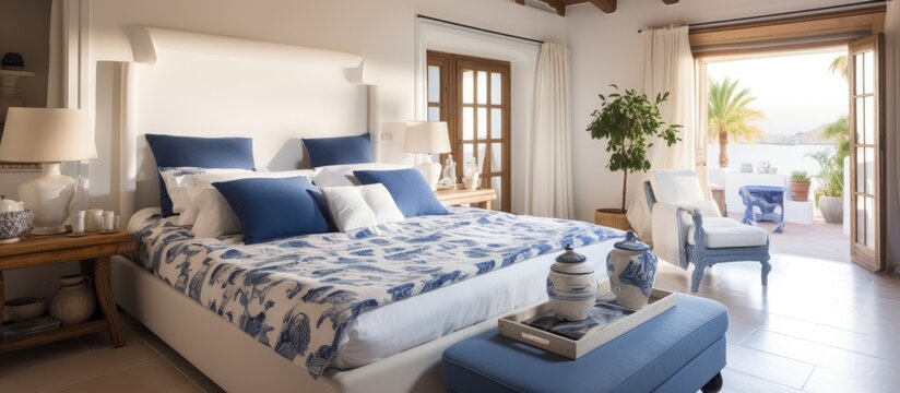 An airy bedroom featuring a cozy bed with blue and white bedding, and a stylish blue ottoman for added comfort