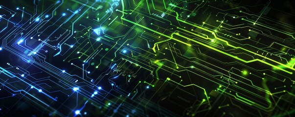 Obraz premium A computer chip with many green and blue lines