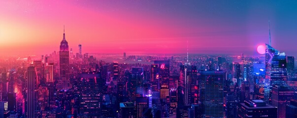 Obraz premium A city skyline with a pink and purple sky in the background