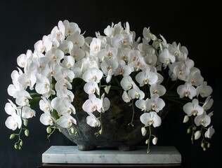 A luxurious and extravagant bouquet of cascading white orchids, evoking a sense of opulence