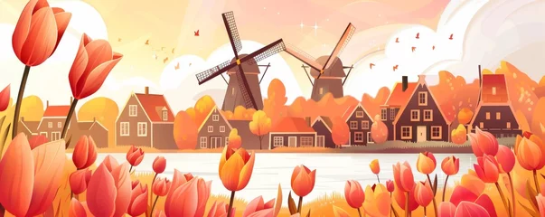Poster A colorful field of flowers with a windmill in the background © Warut