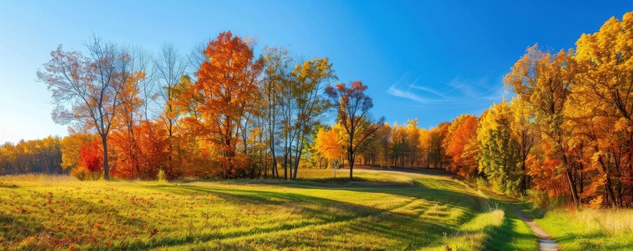 A beautiful autumn day with a bright blue sky and a field of trees