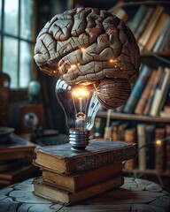 Brain built from books, light bulb pulse, low angle, dramatic shadows, hyper-realistic, Prime Lenses - obrazy, fototapety, plakaty