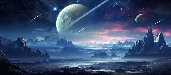 The image depicts the scenic view of a distant planet with a majestic mountain range under a vast sky in the background - obrazy, fototapety, plakaty
