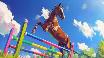 A spirited horse jumping gracefully over a series of colorful obstacles on an equestrian course - obrazy, fototapety, plakaty