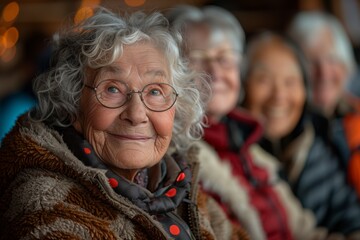 A row of elderlies with glasses smiling happily for the camera, showcasing their wellcared vision with joyful gestures and wrinkles showing a lifetime of fun events - obrazy, fototapety, plakaty