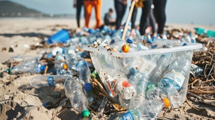 A group of volunteers cleaning up a littered beach with a large recycling bin overflowing with plastic bottles and other reusable . AI generation.