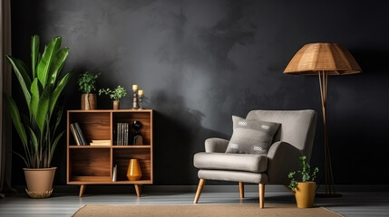 Shelving unit and console table near dark wall. Scandinavian style interior design of modern living room with wooden chair. Generative AI