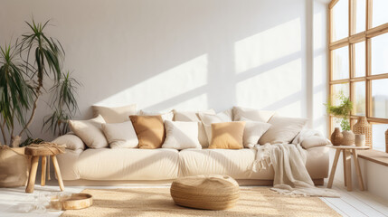 Beige fabric sofa against window. Boho home interior design of modern living room Generative AI