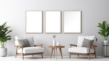 Two armchairs in room with white wall and big frame poster on it. Scandinavian style interior design of modern living room. Generative AI