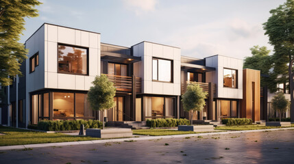 Modern modular private townhouses. Residential minimalist architecture exterior. Generative AI