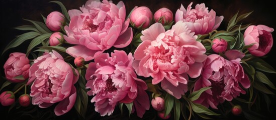 A vibrant painting of pink peonies, members of the rose family, set against a dramatic black background, showcasing the beauty of this annual plant - obrazy, fototapety, plakaty