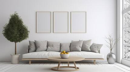 Grey sofa and round wooden table against window near white wall with frame. Scandinavian home interior design of modern living room. Generative AI