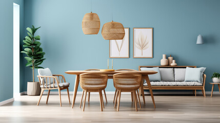 Rattan sofa and chairs near wooden dining table against blue wall with frame. Scandinavian interior design of modern dining room. Generative AI