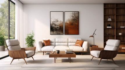 Fototapeta na wymiar Mid-century style home interior design of modern living room with white sofa and brown leather armchairs Generative AI