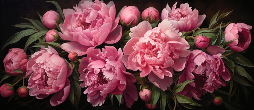A vibrant painting of pink peonies, members of the rose family, set against a dramatic black background, showcasing the beauty of this annual plant