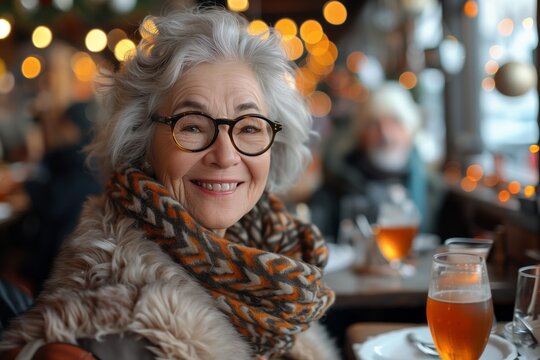 An elderly woman with a smile, glasses, and scarf is seated at a restaurant table. She is happy and enjoying a drink, either juice or an alcoholic beverage, while wearing her eyewear for vision care