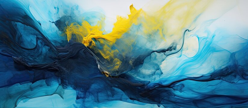 A close up of a landscape painting featuring electric blue and yellow colors with swirling smoke resembling clouds, evoking a natural landscape event in the sky