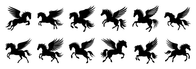 Pegasus silhouettes set, large pack of vector silhouette design, isolated white background. - obrazy, fototapety, plakaty