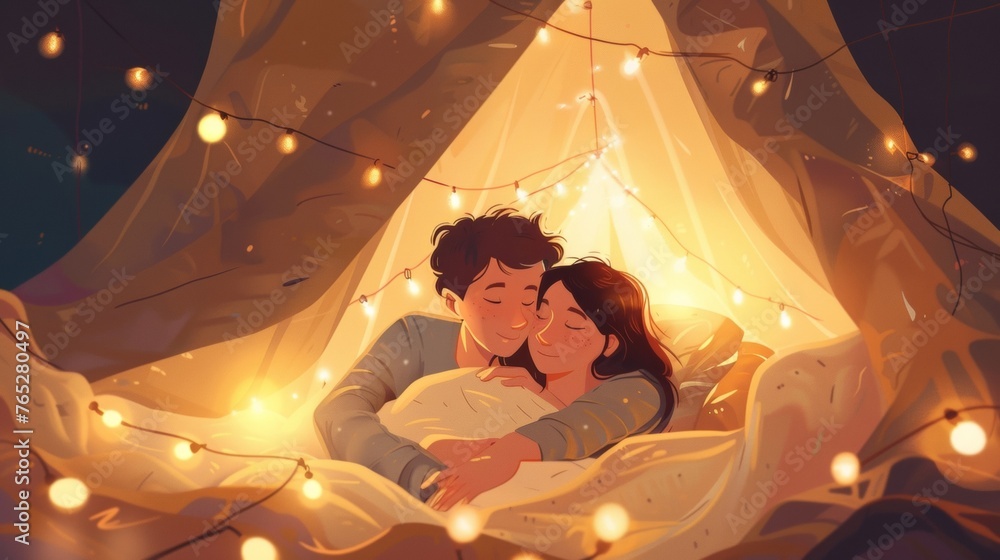 Poster a parent gently tucks a child into bed under a fluffy duvet cover. soft music plays in the backgroun