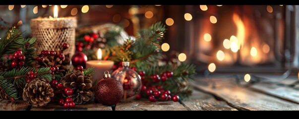 Fototapeta na wymiar A Christmas scene with a fireplace and pine cones