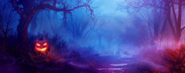 Obraz na płótnie Canvas A forest scene with a pumpkin lantern on the ground