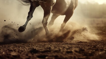 A close-up of a horse's powerful muscles as it gallops through a field, kicking up dust - obrazy, fototapety, plakaty