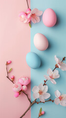 easter eggs and cherry blossom flowers.Minimal creative Easter food and party concept.Copy space,top view,flat lay..Generative AI	
