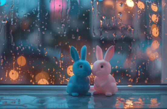 easter bunnies in the wet rainy window.Minimal creative Easter nature and weather spring holiday concept.
