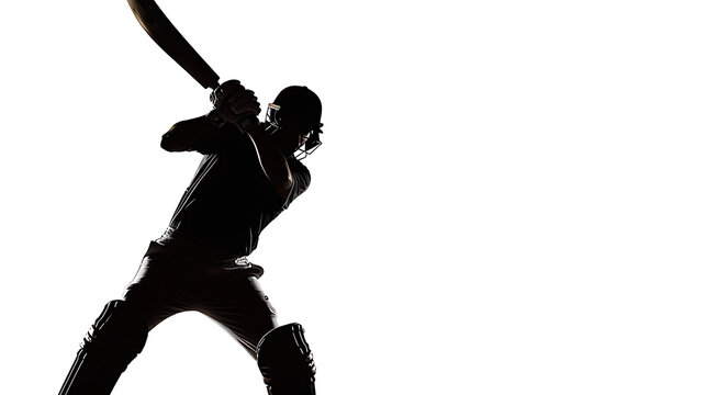 Cricket player in action, man watercolor with copy space, capturing the essence of cricket in watercolor, focusing on the player's hit with a clean white canvas for added emphasis.