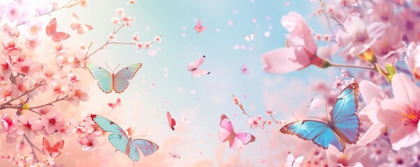A beautiful image of butterflies flying around a pink tree with pink flowers