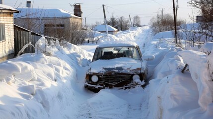 Despite efforts to clear the roads abandoned cars remain buried under the snowdrifts.