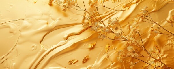 A painting of a yellow background with gold leaves and branches