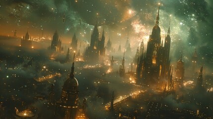 An otherworldly city its buildings reaching impossibly high towards the starstudded sky. The streets are bustling with beings from all across the galaxy each on their own - obrazy, fototapety, plakaty