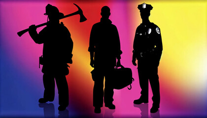 The silhouettes of first responders including a firefighter, medic, police officer against a vibrant colorful rainbow background - obrazy, fototapety, plakaty