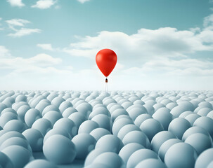 Red balloon flying alone in group of white balloons, stand out concept, generative ai